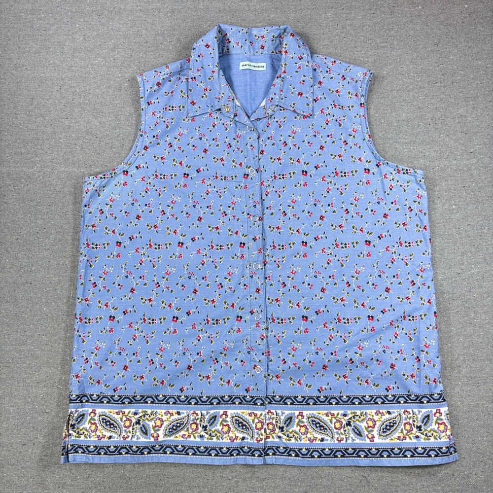Marsh Landing Sleeveless Shirt Women L Blue Floral Paisley Button Front Cotton
